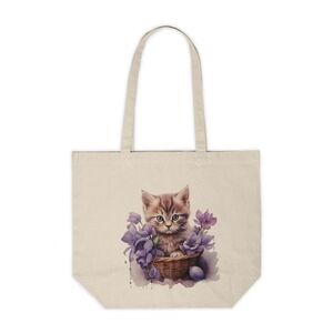 Floral Cat in a Basket Custom Canvas Tote Bag